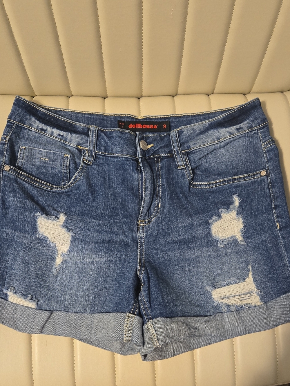 Dollhouse Distressed Rolled-Hem Denim Shorts - Blue